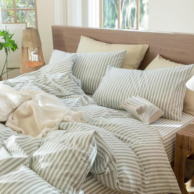 MooMee Bedding Pillowcases Striped Pack of 2 100% Washed Cotton Linen Like - Image 2