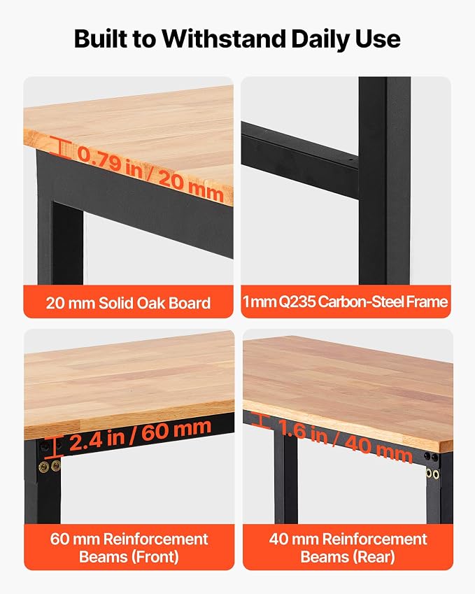 VEVOR Adjustable Workbench on Wheels, 1500 lbs Capacity, 48 x 24 Inch Oak Wood - Image 3