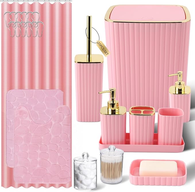 Pink Bathroom Set with Shower Curtain and Rugs- 25PC Bathroom Accessory Set by BetterbathroomwithXLHOME