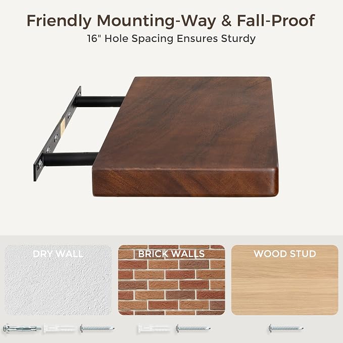 48" Rustic Walnut Wood Floating Shelves, 8 Inch Deep Wall Shelves - Image 7