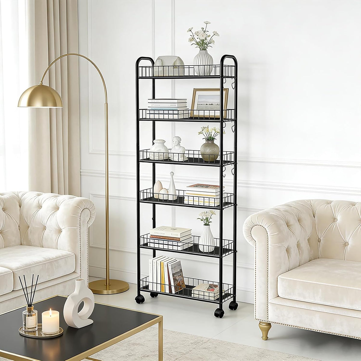 Slim Storage Cart with Wheels, Metal 6-Tier 6in Black Narrow Rolling
