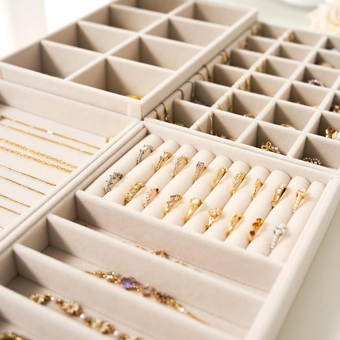 Velvet Jewelry Drawer Organizer Trays – Beige Stackable Jewelry Storage Inserts - Image 6