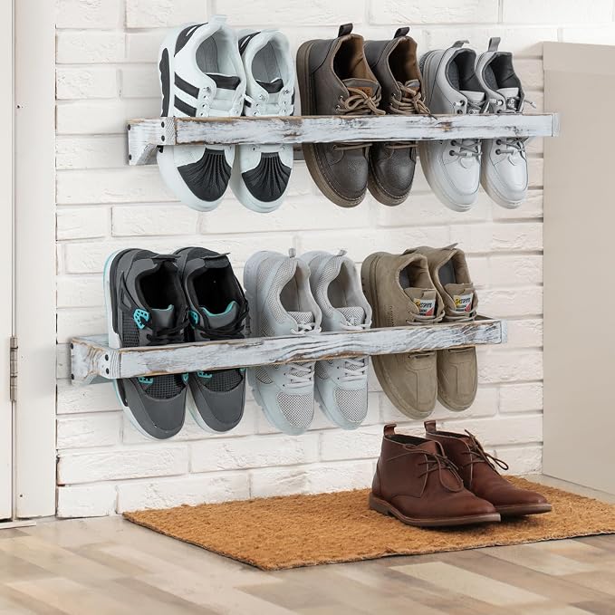 MyGift 30 Inch Shabby White Washed Solid Wood Wall Mounted Shoe Hanger Storage - Image 3
