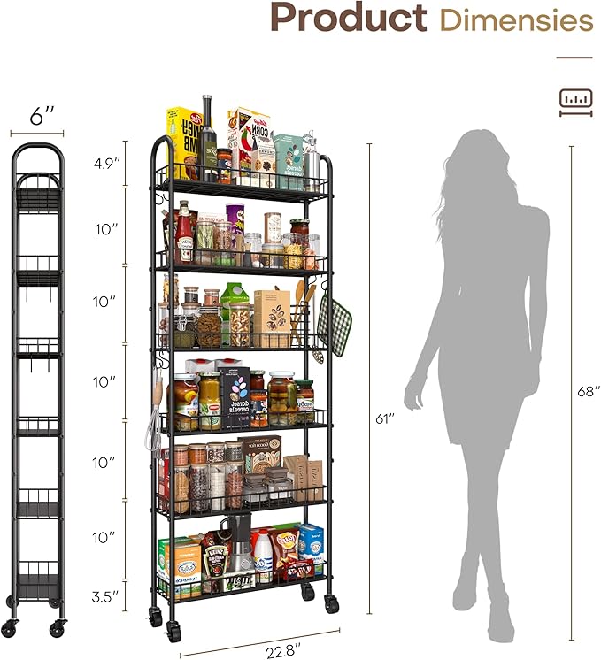 Slim Rolling Storage Cart with Wheels, Metal 6 Tier Mobile Shelving Unit - Image 5