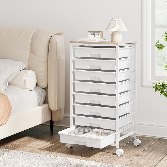 Storage Cart with 8 Drawers, Utility Cart with White Drawers and Wooden Tabletop - Image 2