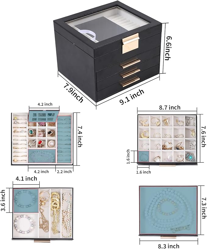 BOOVO Clear Lid Jewelry Box, 4 Layers Jewelry Organizer Large Jewelry Storage - Image 4
