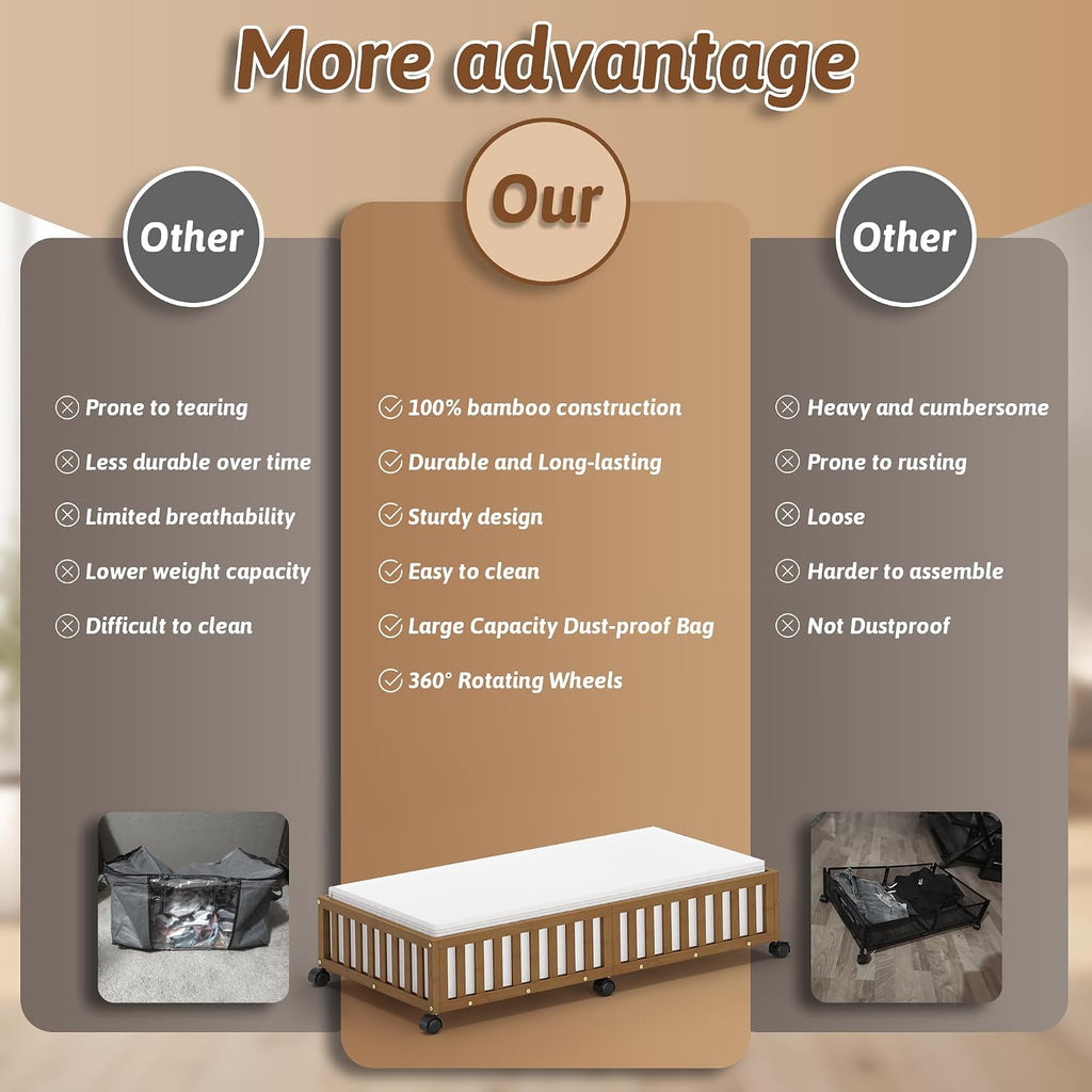 2 Pack Large Bamboo Under Bed Storage Containers with Wheels, Brown