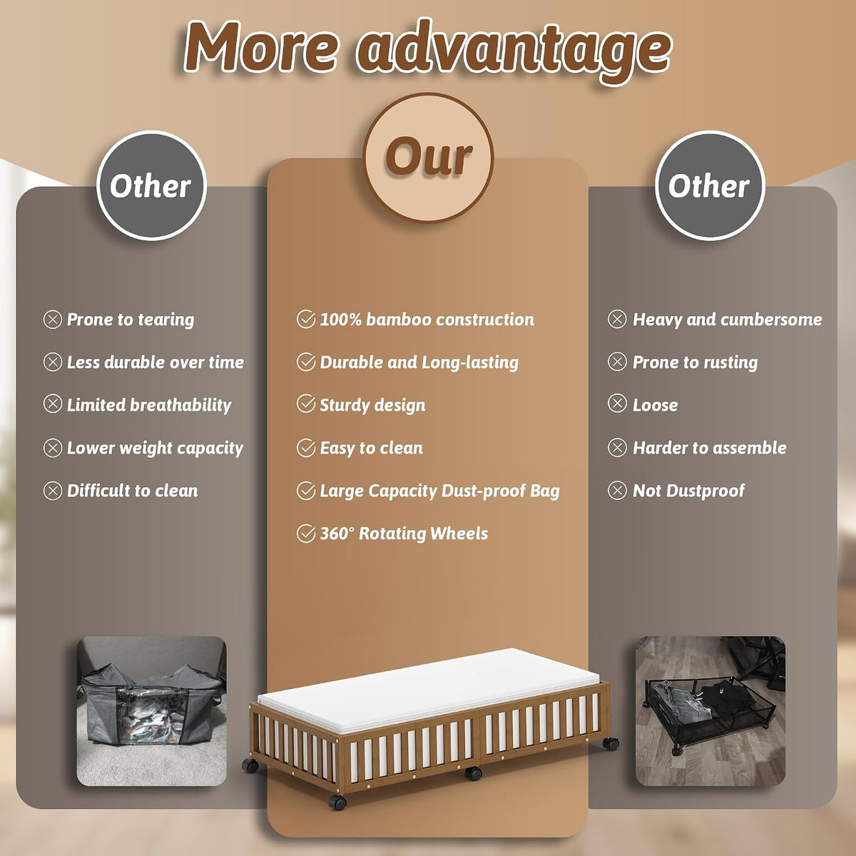 2 Pack Large Bamboo Under Bed Storage Containers with Wheels, Brown