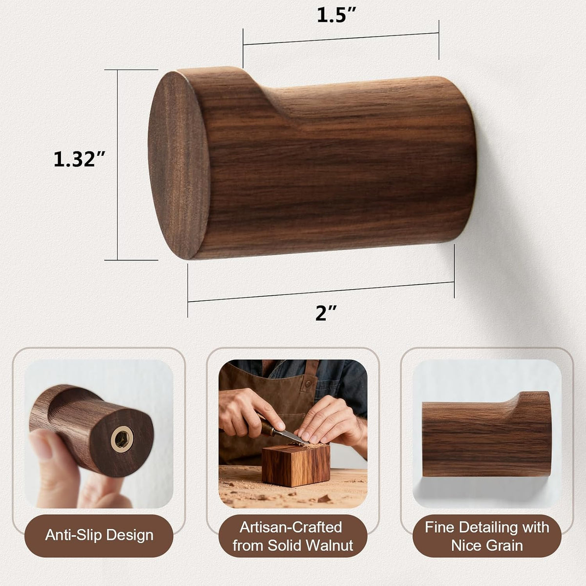 Wooden Wall Hooks 4 Pack, Modern Decorative Coat Hook Wall-Mount