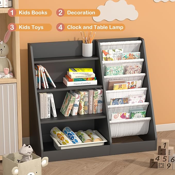 4 Tier Kids Bookshelf Wooden, Five Layer Sling Children Bookcase, Baby Toddler - Image 6
