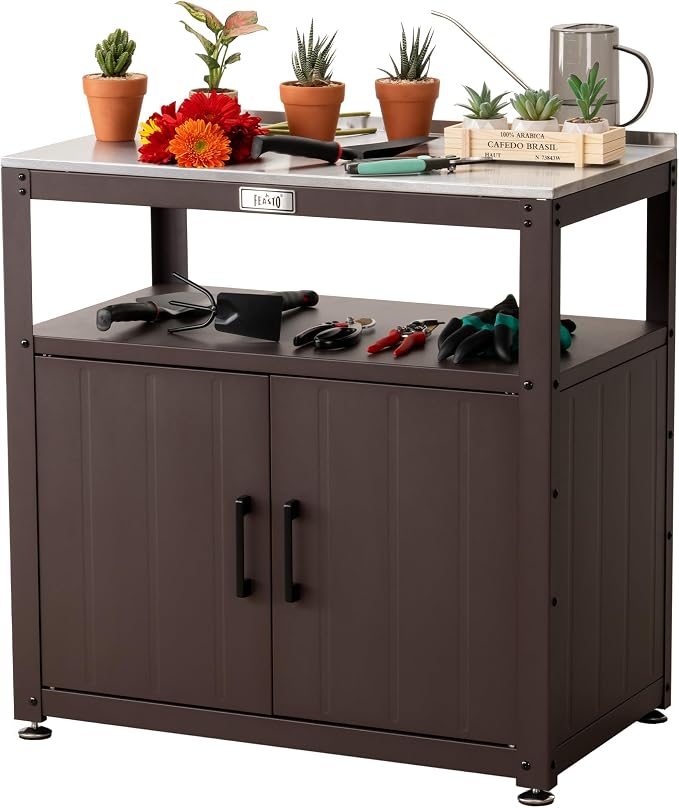 Garden Potting Bench with Storage Cabinet, Outdoor Gardening Table & Work Bench by Idealforcook