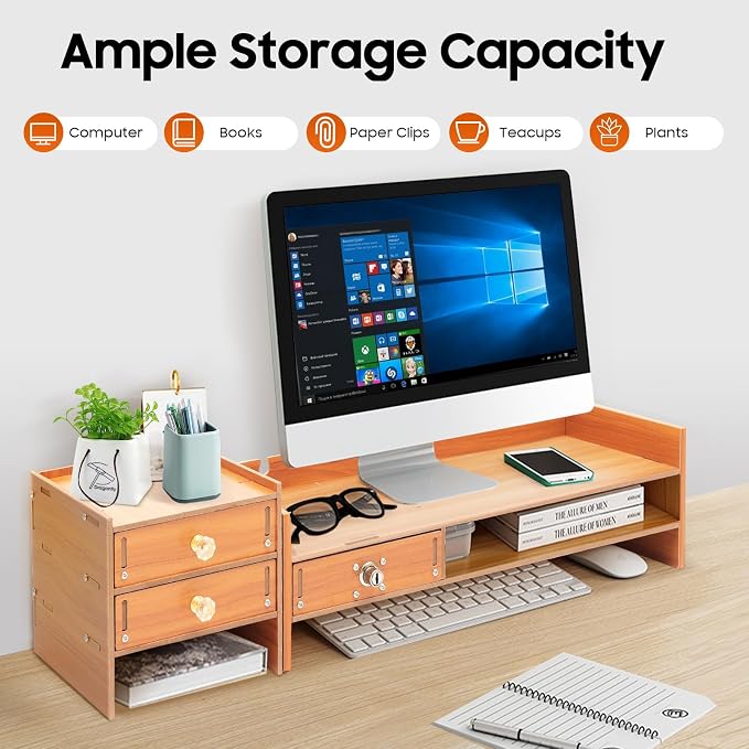 Wood Monitor Stand With Drawers, Desk Organizer With Lockable Drawer & Phone - Image 7