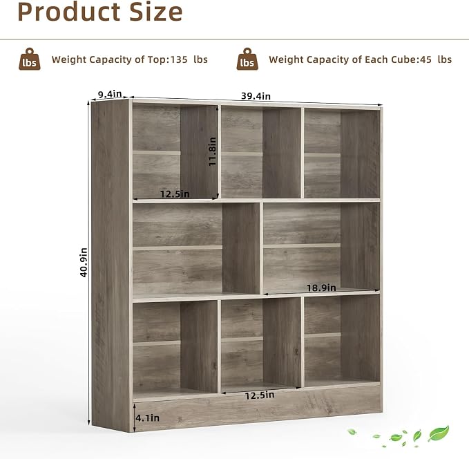 LEYAOYAO 8 Cube Bookshelf with Base, 3 Tier Mid-Century Modern Grey Bookcase - Image 2