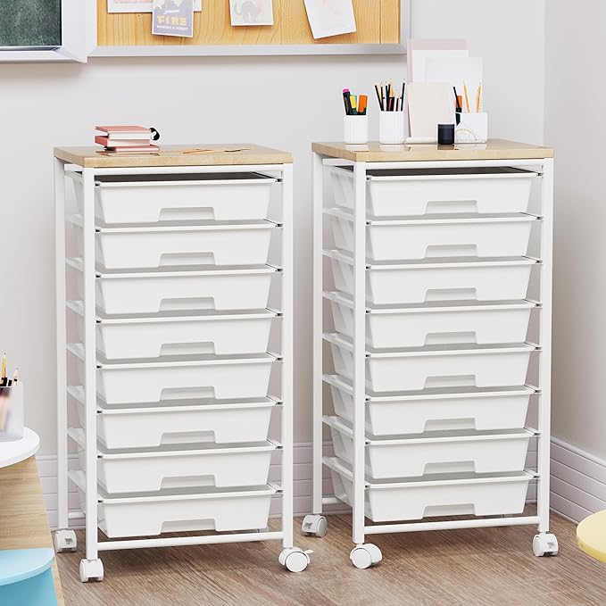 Rolling Cart with 8 Drawers, Storage Drawers Cart with Wooden Tabletop and - Image 5
