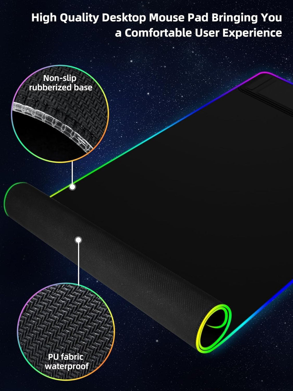 XXL Mouse Pad with Phone Holder - Black, RGB Desk Mat with 15W Fast