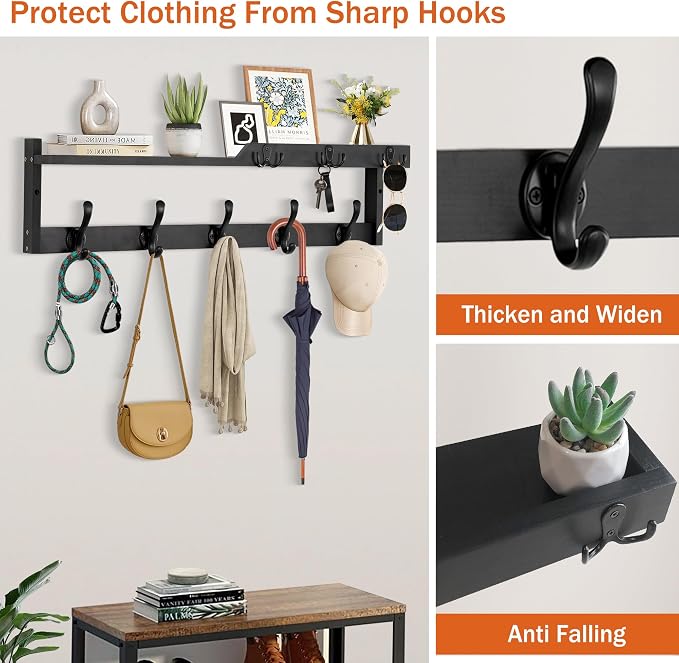 29'' Coat Rack Wall Mount with Shelf, Coat Hanger Wall Mount with Key Hooks and - Image 3
