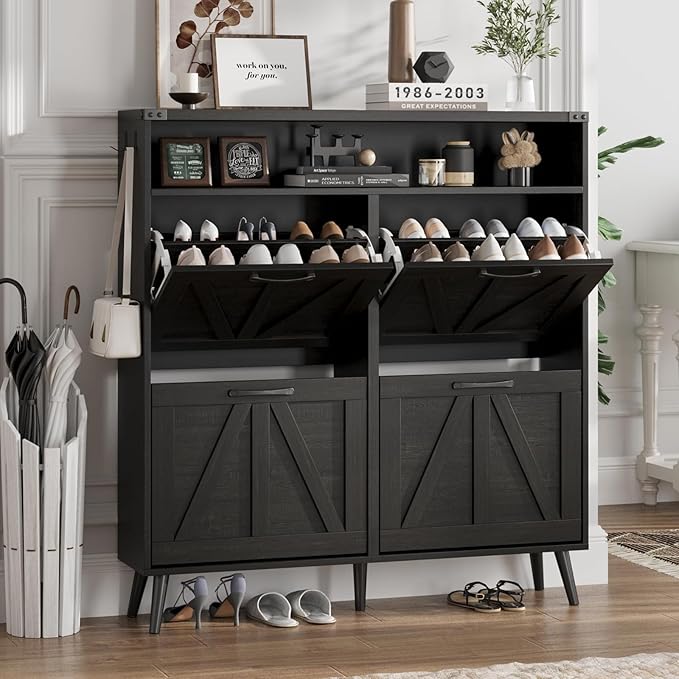 Shoe Cabinet with 4 Flip Drawers, Farmhouse Shoe Storage Cabinet by Halitaa