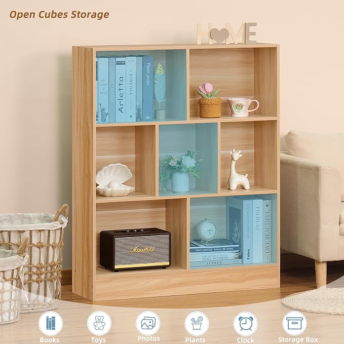 LEYAOYAO 7 Cube Bookshelf with Base, 3 Tier Mid-Century Modern Natural Bookcase - Image 3