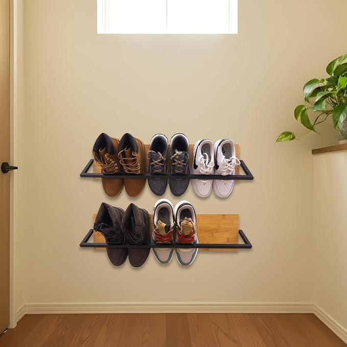 Wall Mounted Shoe Rack Scandinavian Bamboo & Metal Shoe Storage, Space-Saving - Image 9