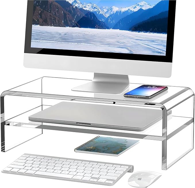 Clear Acrylic Monitor Stand Riser 2 Tier, 5.12 Inches High Clear Computer Desk by Egchi
