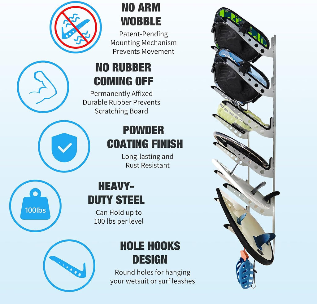 Multi Board Surf Rack Wall Mount for Surfboard, Wakeboard, Snowboard