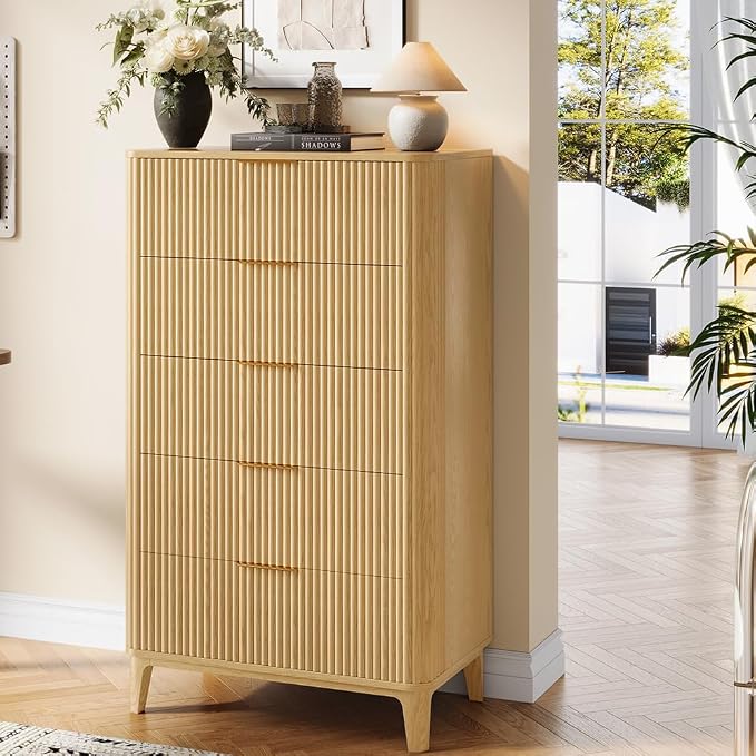 Fluted 5 Drawers Dresser for Bedroom, Farmhouse Wooden Vertical Dresser by TOKSOM