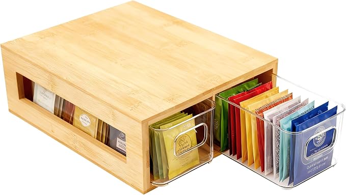 Tea Bag Organizer, Bamboo and Acrylic Drawer Tea Bag Holder Wood Tea Bag Storage by Unknown