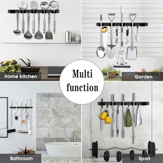 Black 5 Racks and 4 Hooks Mop and Broom Holder Wall Mount, Broom Organizer - Image 6