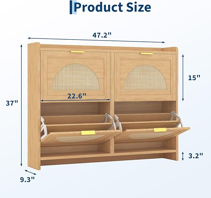 Rattan Shoe Cabinet with 4 Flip Drawers, Natural Wood Shoe Storage Cabinet - Image 2