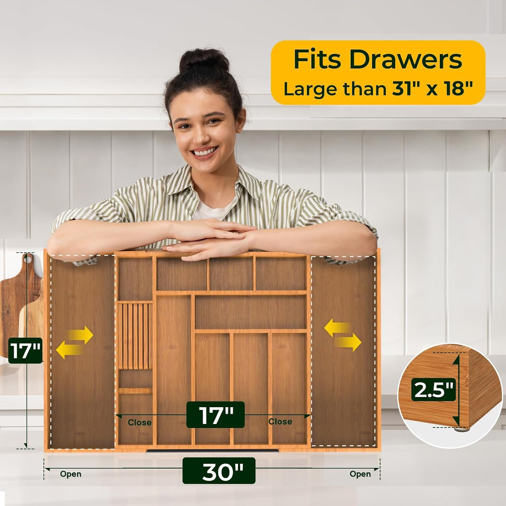 keechee Carbonized Large Bamboo Kitchen Drawer Organizer, 12 Slots