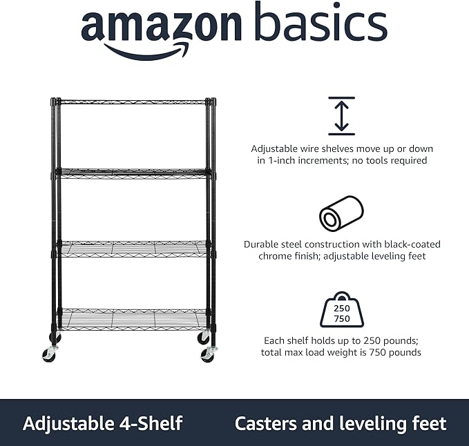 Amazon Basics 4-Shelf Adjustable, Heavy Duty Storage Shelving Unit on 3'' Wheel - Image 2