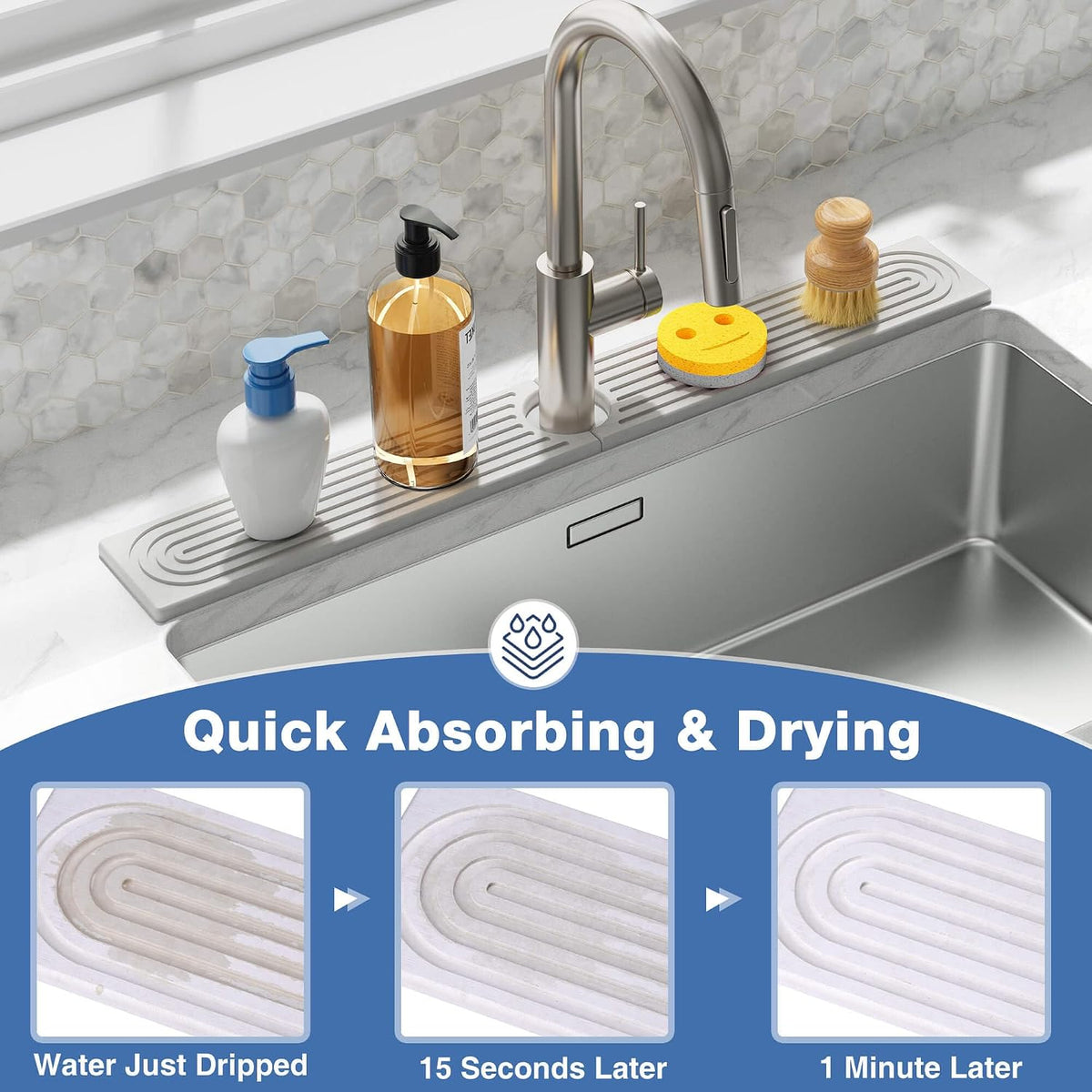 DK177 Faucet Mat for Kitchen Sink - Water Absorbing Stone Tray for
