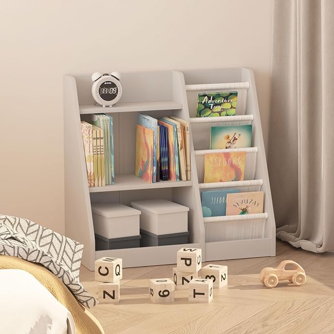 Gray Nursery Bookshelf for Kids 3 Tier Wood Shelf 4 Sling Baby Toddler Bookcase - Image 2
