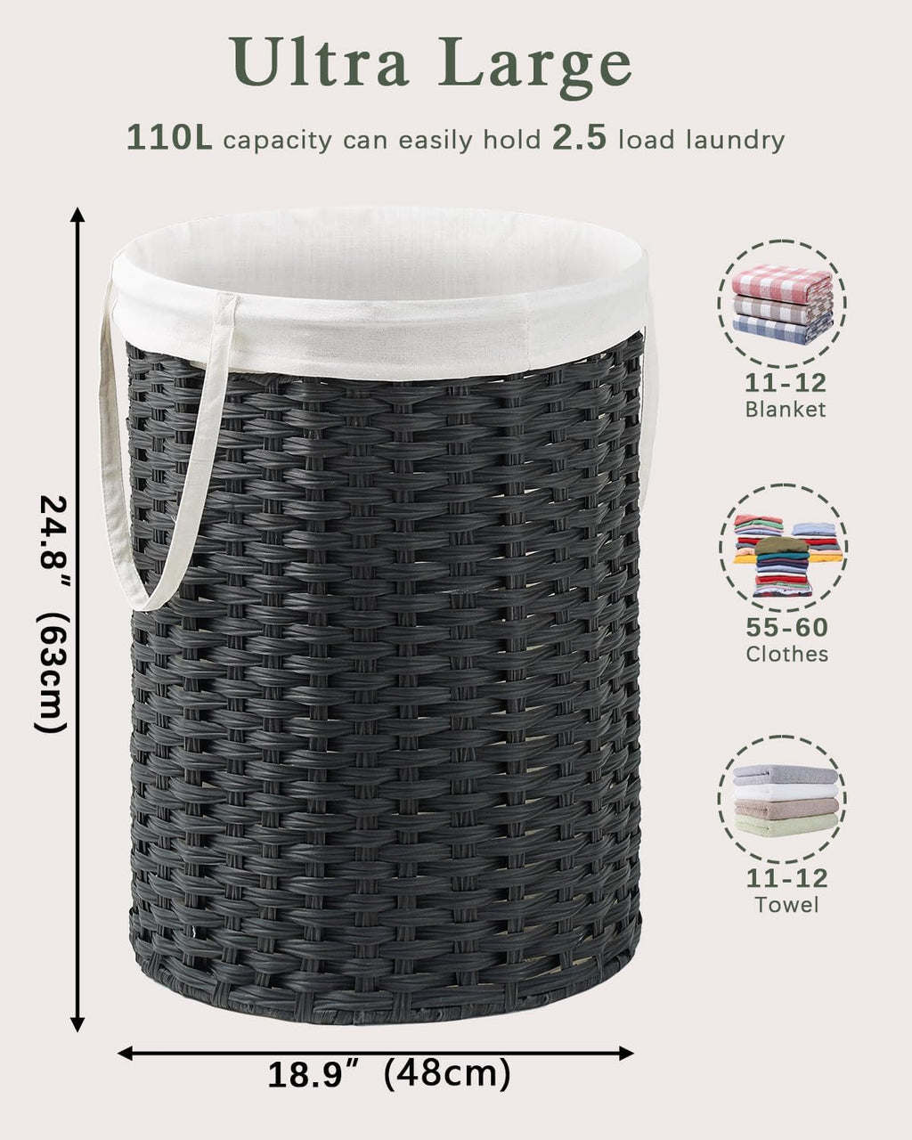 Laundry Basket Round PE Rattan Laundry Hamper, Black (No Lid)