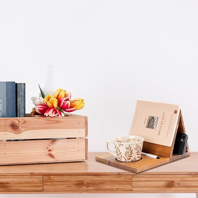 Book Nook Reading Valet with Cup Holder, Wooden Book Stand Coffee Holder - Image 4
