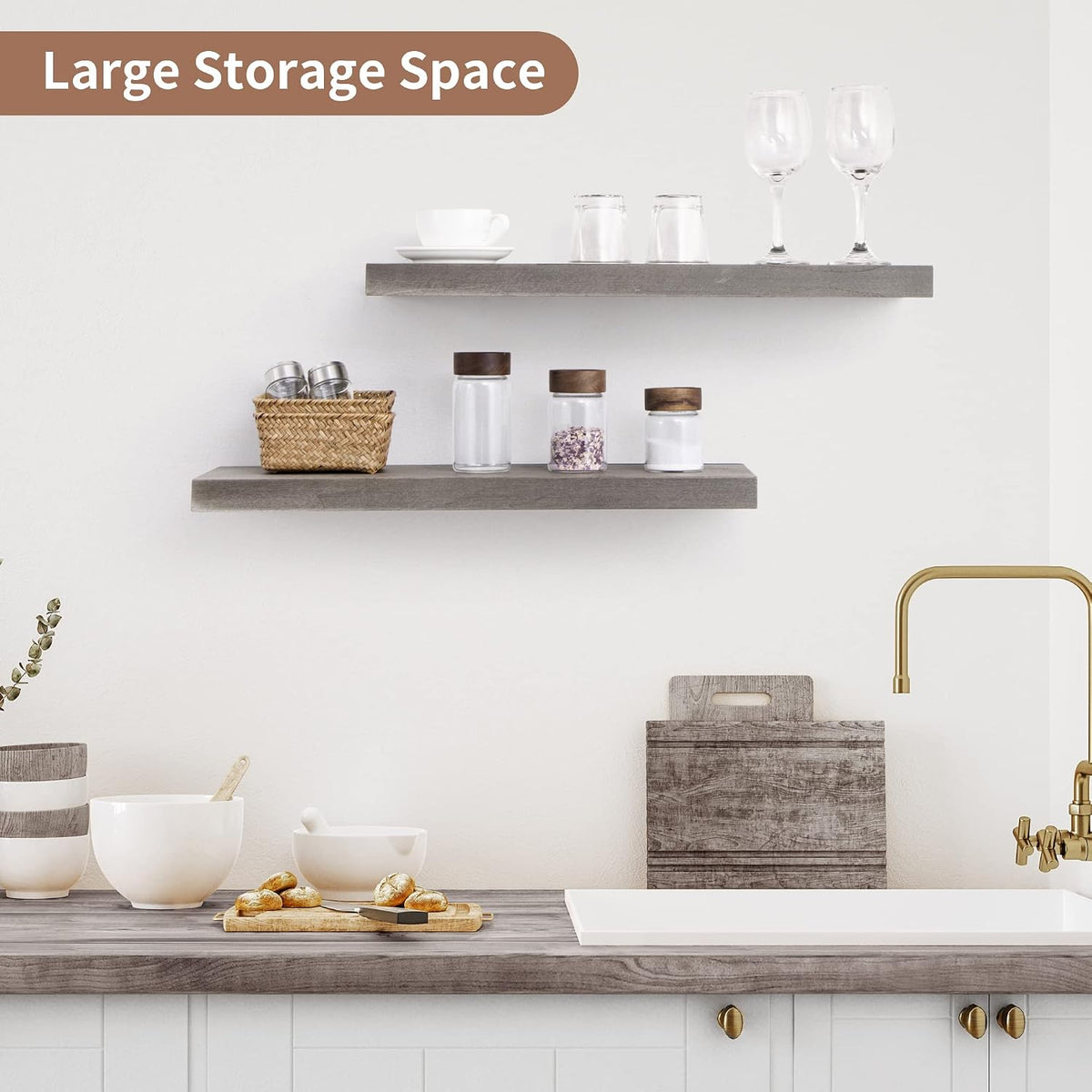 Floating Shelves for Wall, 24in Reclaimed Elm Wood Shelves, Grey, 2PCs