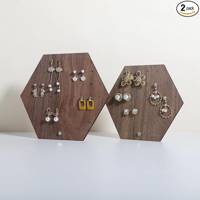 GemeShou Hexagonal Earring Organizer stand, Walnut Plywood Jewelry Display Board by GemeShou