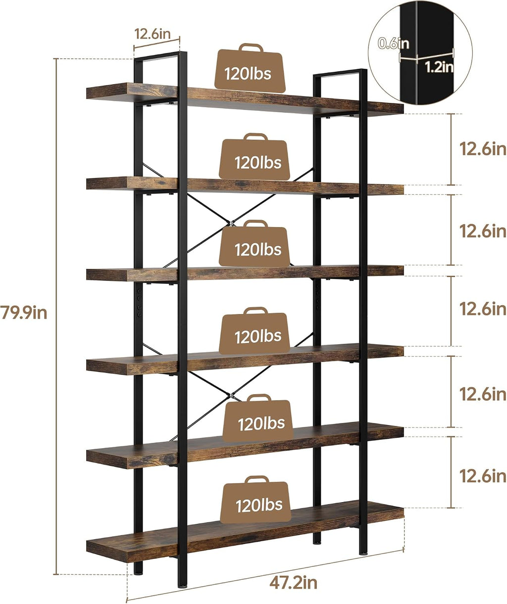 Heavy Duty 6 Tier Industrial Bookcase for Home Office, Rustic Brown