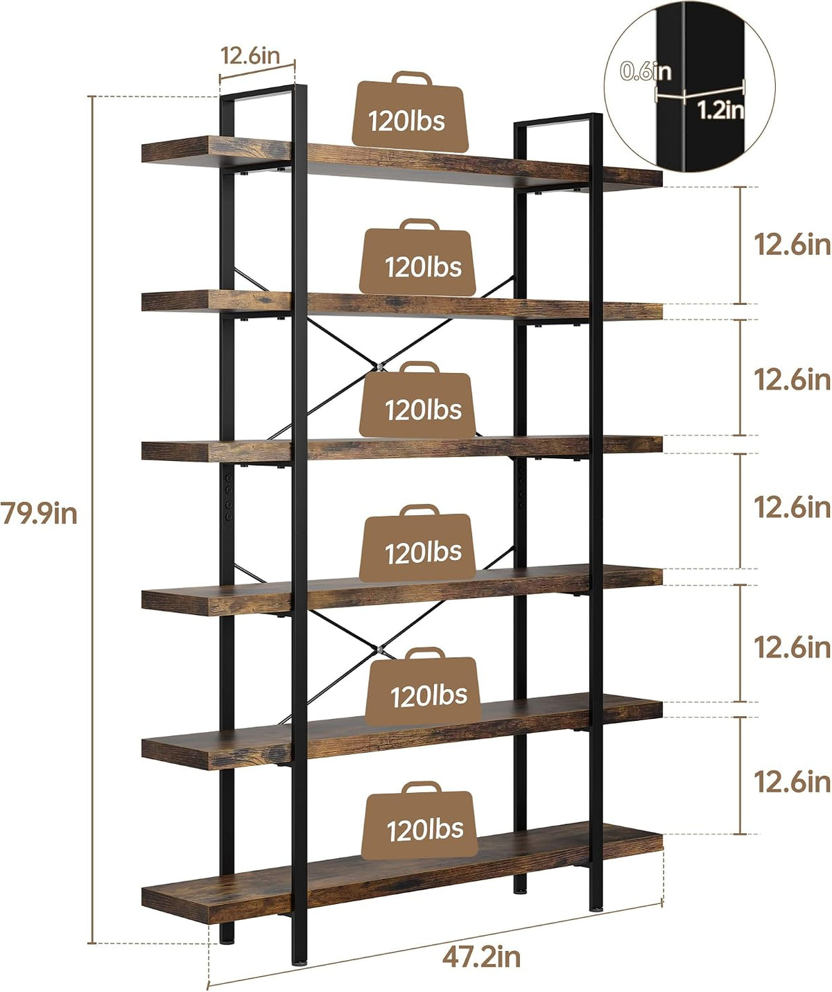 Heavy Duty 6 Tier Industrial Bookcase for Home Office, Rustic Brown