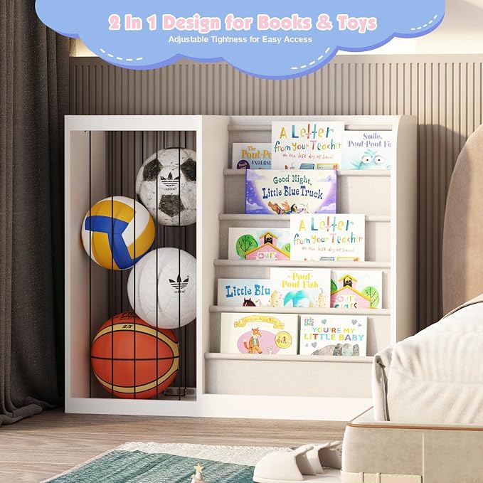 White Kids Bookshelf & Stuffed Animal Net Holder Plush Toy Storage Organizer - Image 8