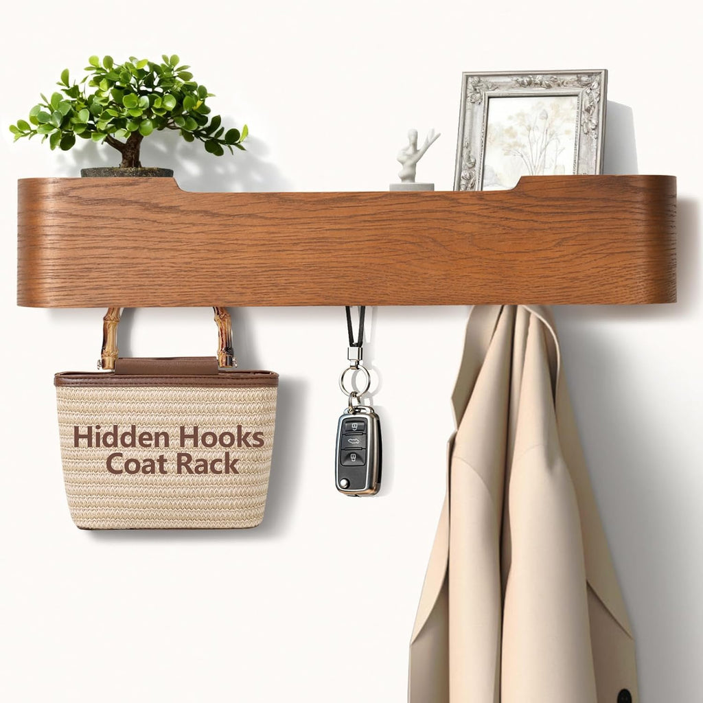 Coat Rack Wall Mount with Hidden Hooks Modern Key Holder Wood Entryway
