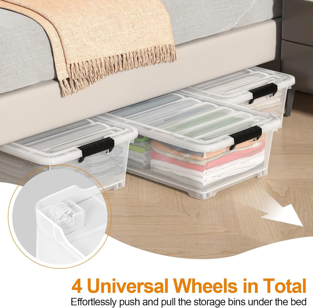 Saedy 4 Packs Plastic Under Bed Shallow Storage Box with Wheels 20 L