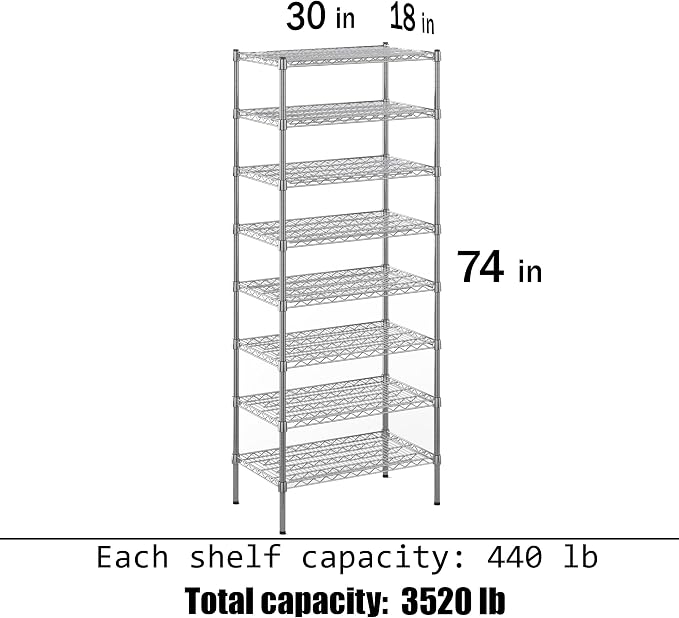 18" Deep x 30" Wide x 74" Height Wire Shelving Kit | 8-Tier | NSF Commercial - Image 3