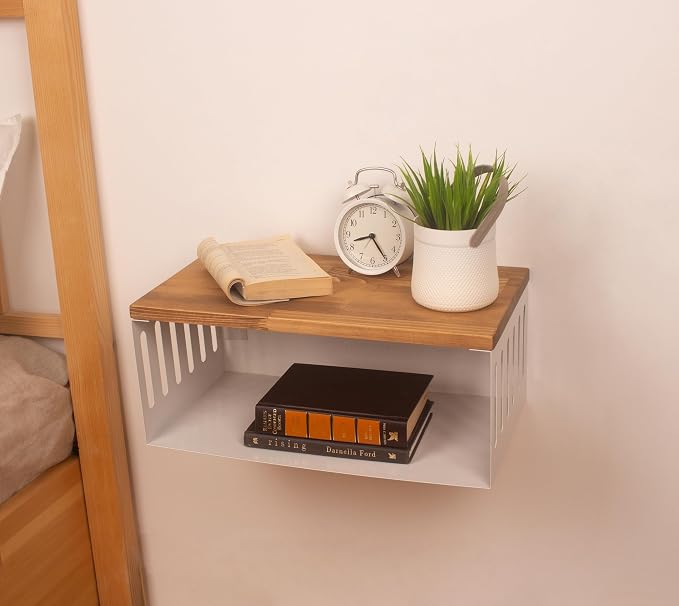 Floating Nightstand with White Metal Base, Wooden Top and Sturdy Metal Base - Image 7