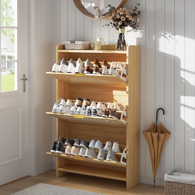 Rattan Shoe Cabinet with 3 Flip Drawers, Natural Wood Shoe Storage Cabinet - Image 3