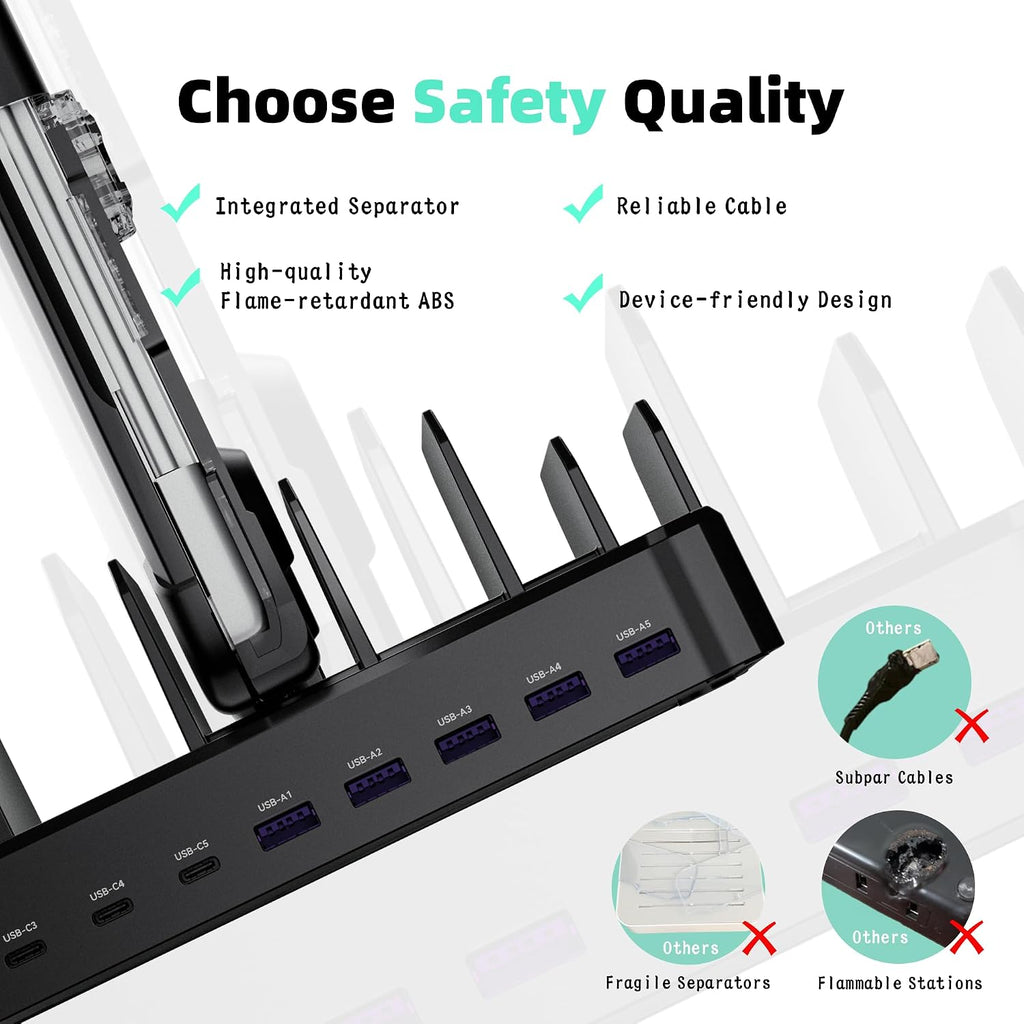 420W 10-Port Fast USB Charging Station for Multiple Devices, Black