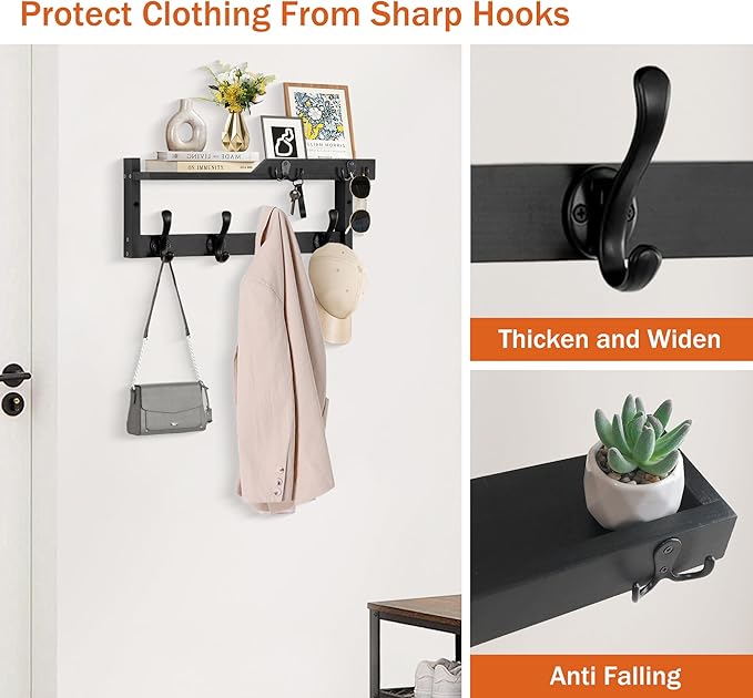 Coat Rack Wall Mount with Shelf, Coat Hanger Wall Mount with Key Hooks and Mail - Image 2