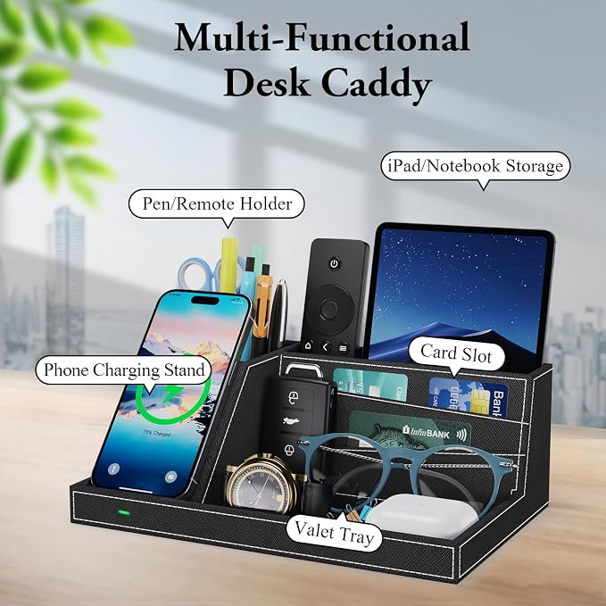 TopMade Wireless Charger Desk Nightstand Organizer, Leather Pen Holder Office - Image 6