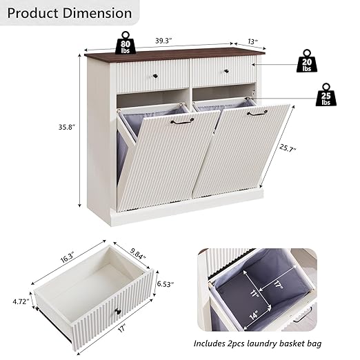Modern Double Tilt-Out Trash Cabinet, 20 Gallon Fluted Laundry Hamper Cabinet - Image 2