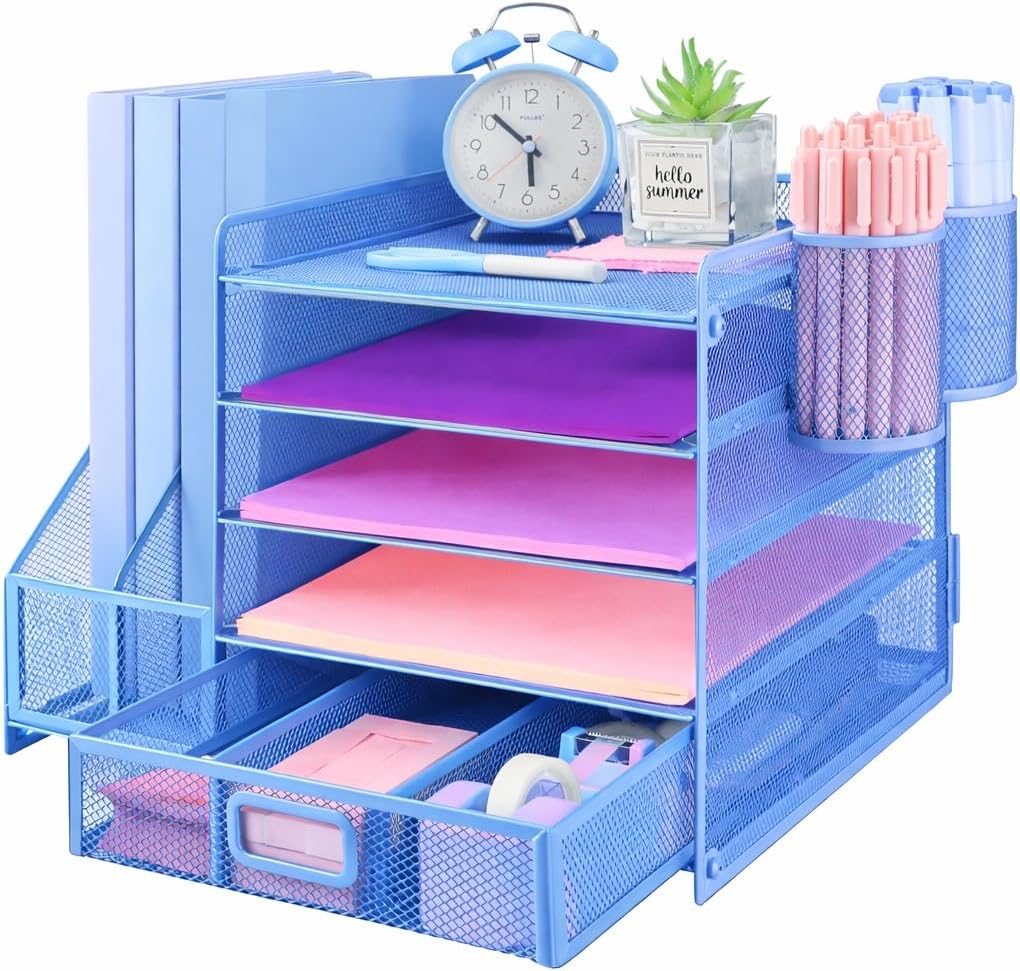Desk Organiser with 2 Pack Magazine File Holder, 5-Tier Paper Tray